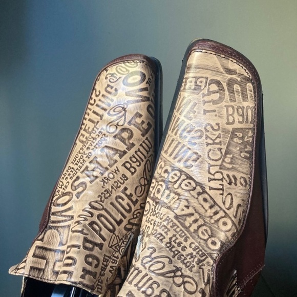 Zota | Taupe Patchwork Newspaper Design Leather Low Heel Slip On Dress Shoes - Picture 3 of 9